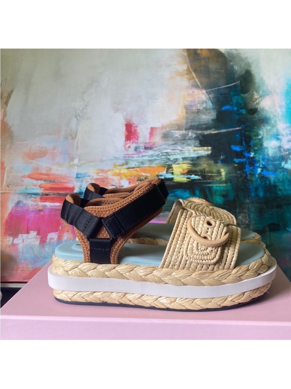 kate spade Black and Natural Espadrille Platform Sandals